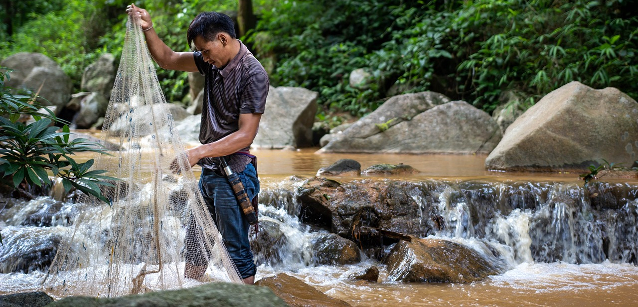 person fishing with a net in the forest